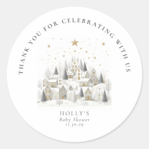 It Takes a Village Snowy Whimsical Baby Shower  Classic Round Sticker