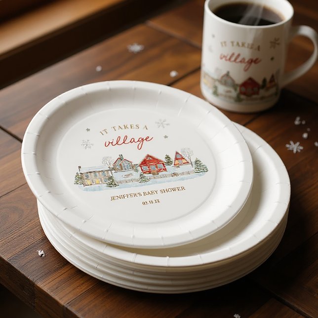 It Takes a Village Snowy Winter Baby Shower Paper Plate (Creator Uploaded)