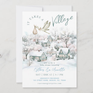 It Takes A Village Stork Winter Baby Shower Invitation