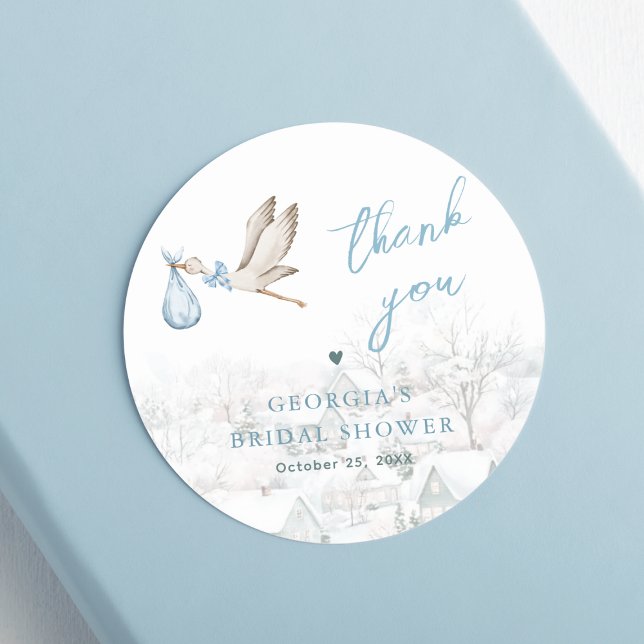 It Takes a Village Stork Winter Boy Baby Shower Classic Round Sticker (Creator Uploaded)