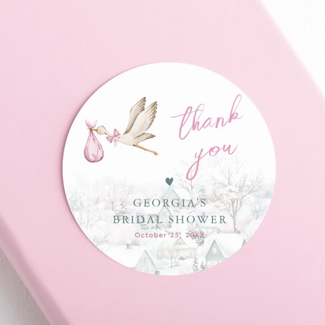 It Takes a Village Stork Winter Girl Baby Shower Classic Round Sticker (Creator Uploaded)