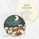 It Takes A Village Whimsical Winter Baby Shower Invitation<br><div class="desc">This “It Takes a Village” baby shower invitation brings a heartfelt message to life with a whimsical winter illustration of houses under a glowing moon. The round format and deep forest green background with yellow backing set a cosy seasonal tone, perfect for girl, boy, or gender-neutral baby showers during the...</div>