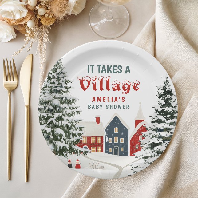 It Takes a Village Winter Baby Shower Party Paper Plate (Creator Uploaded)