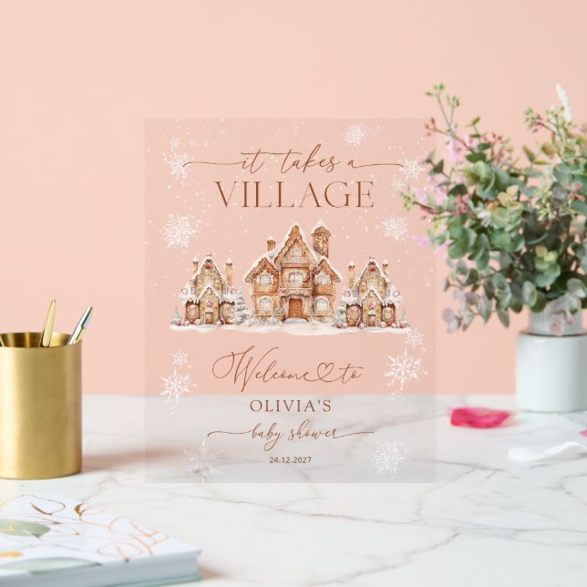 It Takes a Village Winter Baby Shower Welcome Acrylic Sign (Wedding)