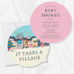 It Takes A Village Winter Girl Baby Shower Invitation<br><div class="desc">Cute pastel winter girl baby shower invitations with an "it takes a village" theme. Unique design with a round shape and a pink background. Personalise the back with your party details.</div>