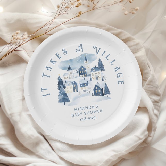 It takes a Village Winter Night Snow Baby Shower Paper Plate (Creator Uploaded)