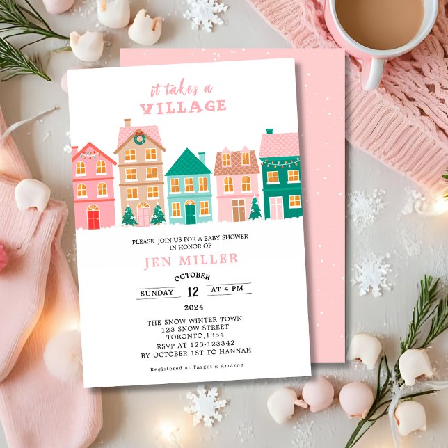It takes a village winter pink baby shower invitation (Creator Uploaded)