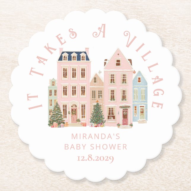 It takes a Village Winter Pink Snow Baby Shower Paper Coaster (Front)