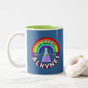 It takes ALKYNES! Rainbow flask chemistry pun Two-Tone Coffee Mug