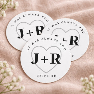 It Was Always You Heart Monogram Wedding Round Paper Coaster