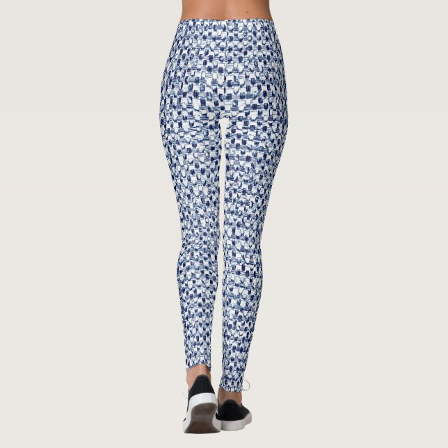 Itajime Shibori Blue Check Textile Geometric Weave Leggings (Back)