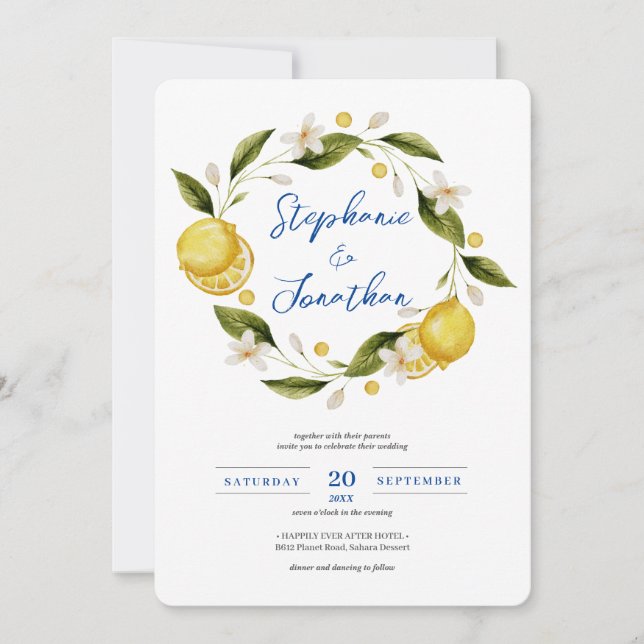 Italia Blue Watercolor Lemon Calligraphy Wedding I Invitation (Front)