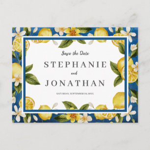 Italia Blue Watercolor Lemon SavetheDate Postcard