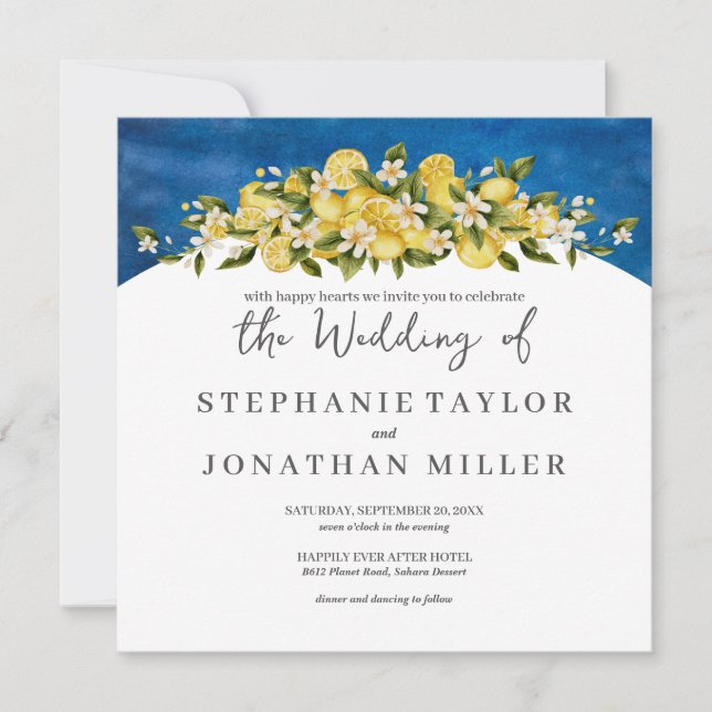 Italia Blue Watercolor Lemon Square Wedding Invitation (Front)