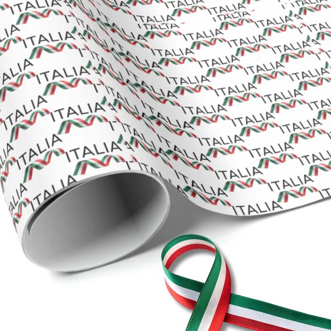 Italia Curly Ribbon  Wrapping Paper (Italia Black San Serif with Flag of Italy Curly Ribbon Repeat Wrapping paper)