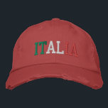 ITALIA Italian Green White and Red Vintage Style Embroidered Hat<br><div class="desc">ITALIA embroidered with Italian Flag Colours Green White and Red on Red vintage style distressed cotton hat. Makes a wonderful gift for anybody who adores the beautiful country of Italy!</div>