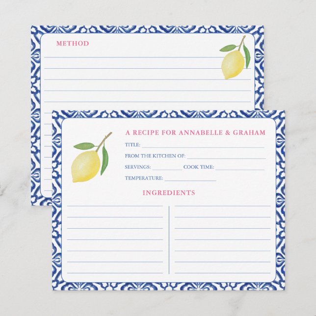 Italian Aesthetic Lemon Bridal Shower Recipe Card (Front/Back)