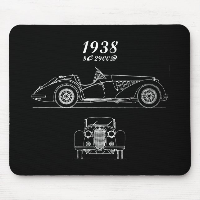 Italian Alfa Romeo 8C 2900 Vintage Blueprint Mouse Mat (Front)