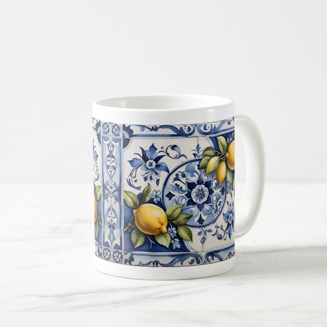 Italian Amalfi blue white tiles and lemons Coffee Mug (Front Right)
