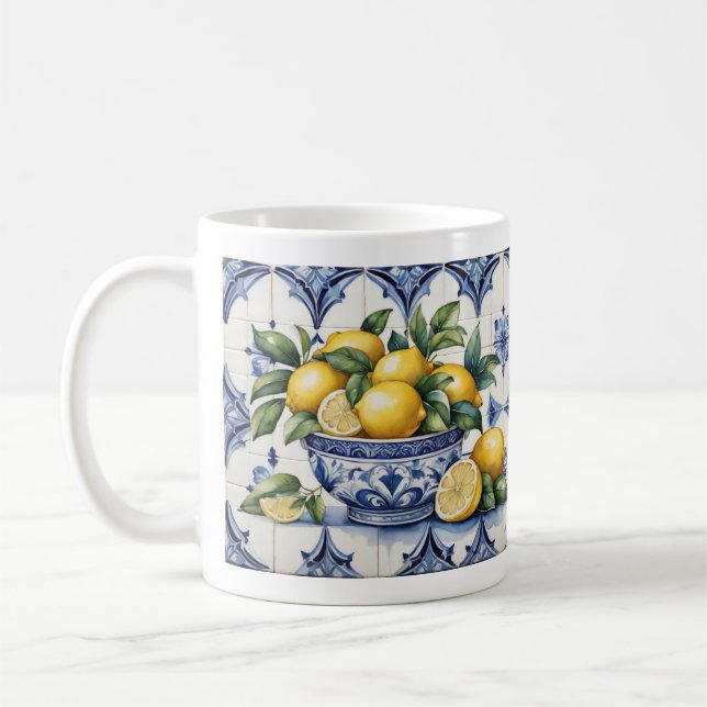 Italian Amalfi blue white tiles bowl of lemons Coffee Mug (Left)