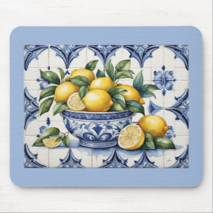 Italian Amalfi blue white tiles bowl of lemons Mouse Mat