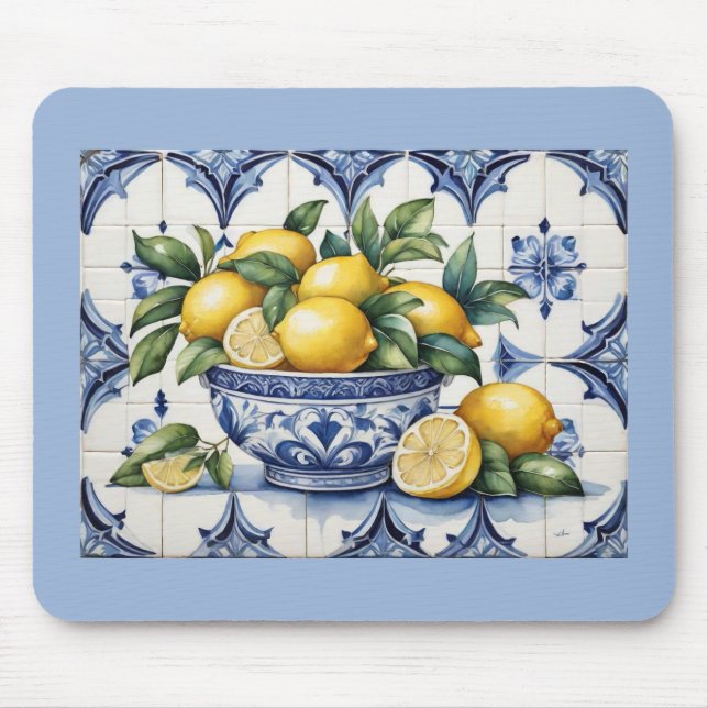 Italian Amalfi blue white tiles bowl of lemons Mouse Mat (Front)
