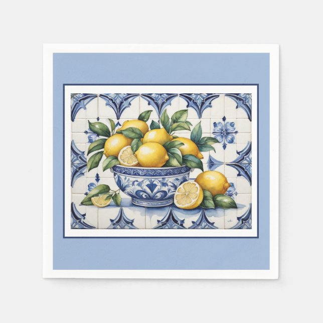 Italian Amalfi blue white tiles bowl of lemons Napkin (Front)