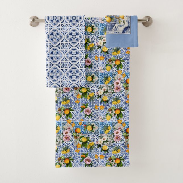 Italian Amalfi blue white tiles lemons Bath Towel Set (Insitu)