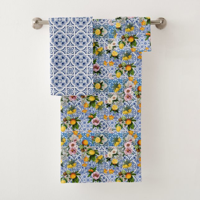 Italian Amalfi blue white tiles lemons Bath Towel Set (Insitu)