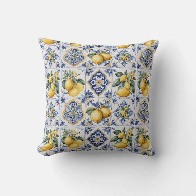 Italian Amalfi blue white tiles lemons Cushion (Front)