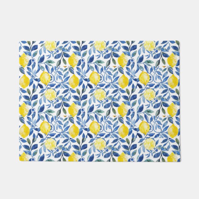 Italian Amalfi blue white tiles lemons Doormat (Front)