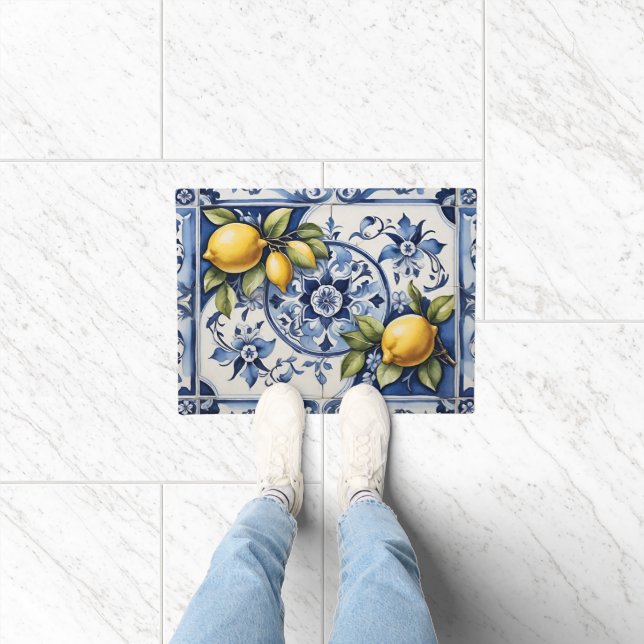 Italian Amalfi blue white tiles lemons Doormat (Indoor)