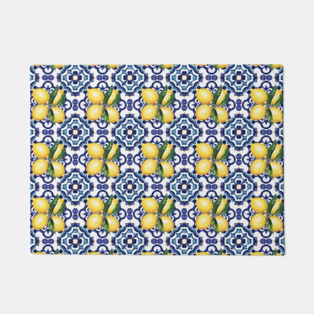 Italian Amalfi blue white tiles lemons Doormat (Front)