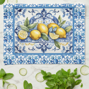 Italian Amalfi blue white tiles lemons Tea Towel