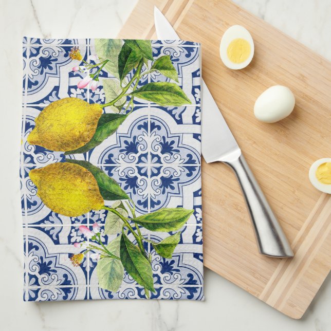 Italian Amalfi blue white tiles lemons Tea Towel (Quarter Fold)