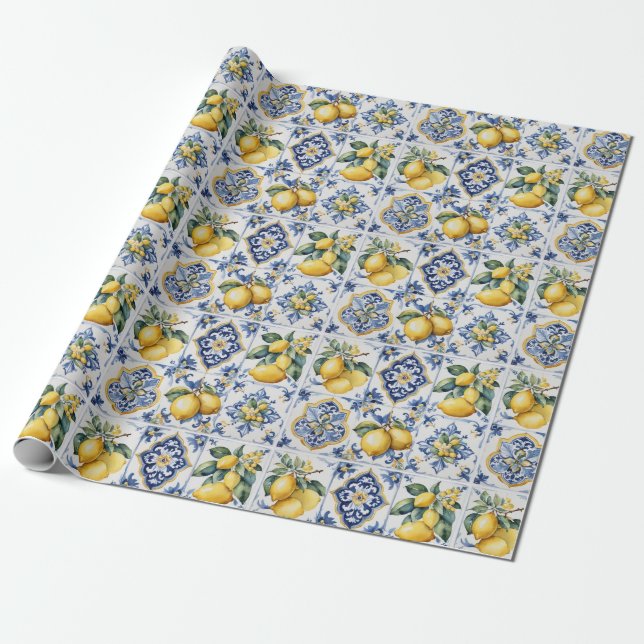 Italian Amalfi blue white tiles lemons Wrapping Paper (Unrolled)