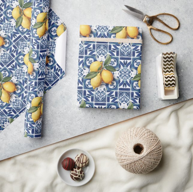 Italian Amalfi blue white tiles lemons Wrapping Paper (Crafts)