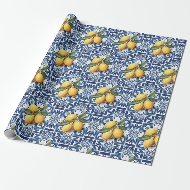 Italian Amalfi blue white tiles lemons Wrapping Paper (Unrolled)