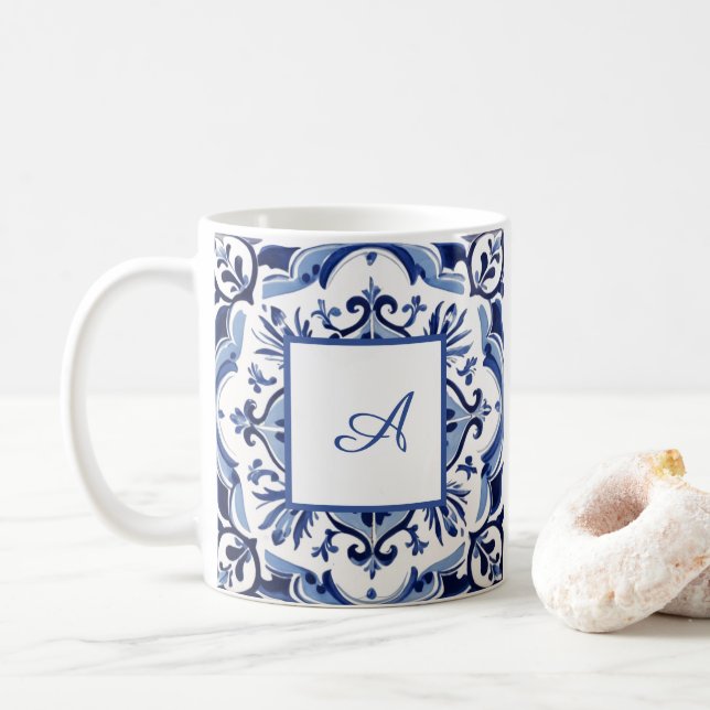 Italian Amalfi blue white tiles | your initial Coffee Mug (With Donut)