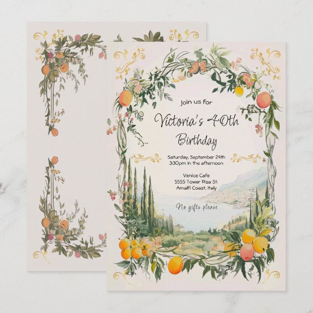 Italian Amalfi Coastal Lemon floral Birthday Invitation (Front/Back)