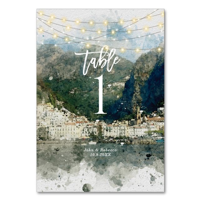 Italian Amalfi lights wedding table number card (Front)