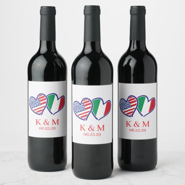 Italian American Heart Flags Wine Label (Bottles)