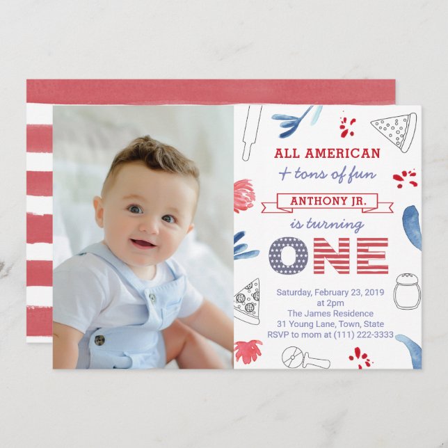 Italian-American Pizza 1st Birthday Party Picture Invitation (Front/Back)