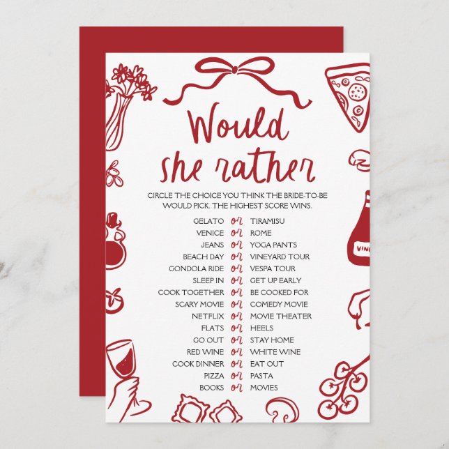 Italian Amore Would She Rather Bridal Shower Game Invitation (Front/Back)