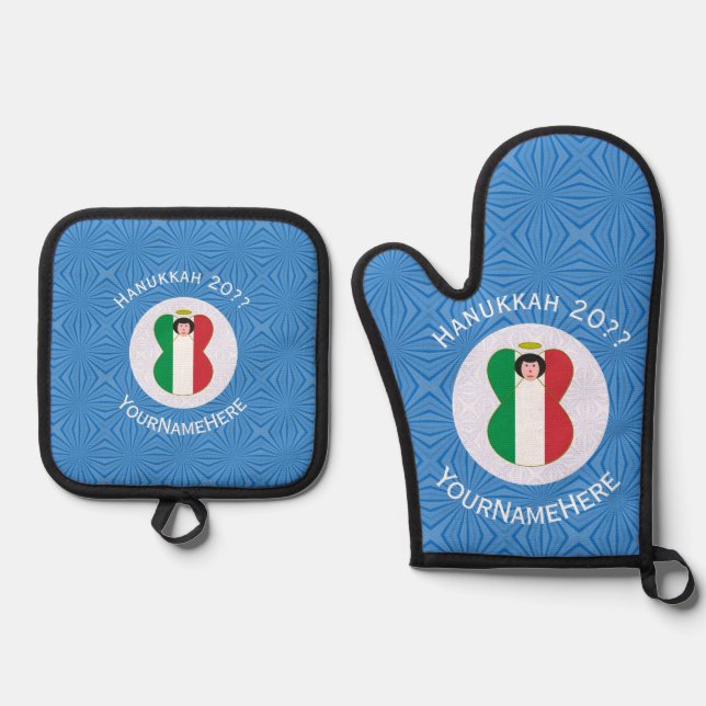 Italian Angel Hanukkah Flag Personalised  Oven Mitt & Pot Holder Set (Front)