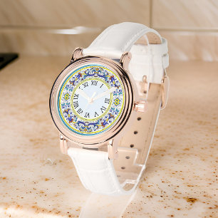 Italian Antico Deruta Intricate Blue Floral Ladies Watch
