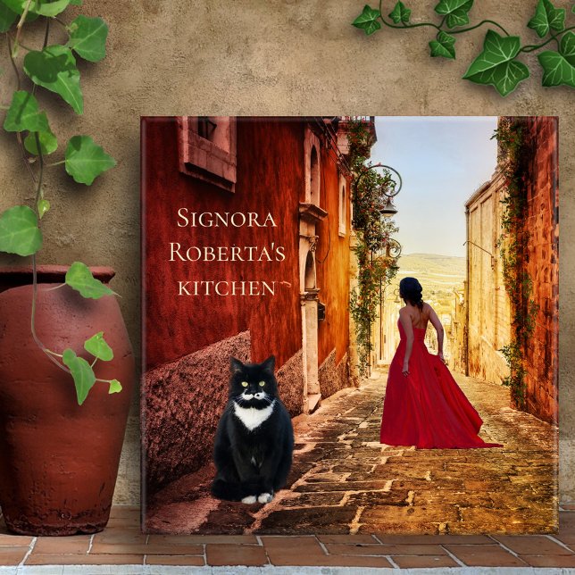 Italian Art Romantic Lady in Red Tile (A modern art tile with a Sicilian street scene with a lady in red and a cute tuxedo cat)