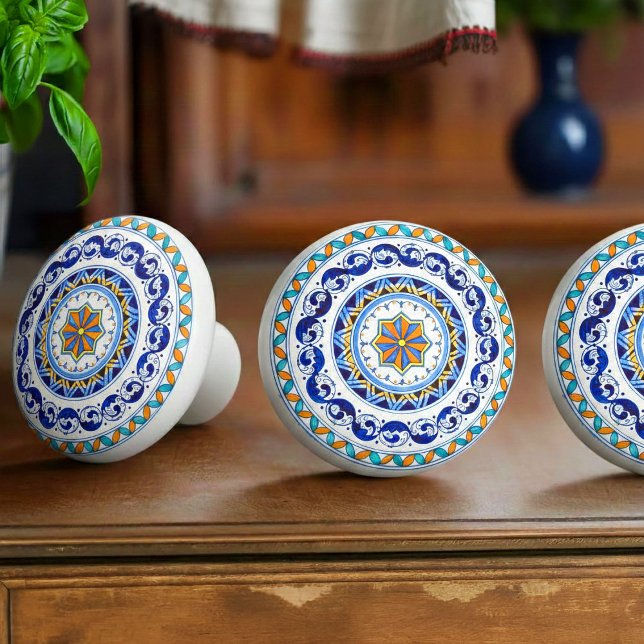 Italian Artistry Antico Deruta Rosette Mediterran Ceramic Knob (Ideal for lovers of Mediterranean décor, Italian farmhouse style, vintage interiors)