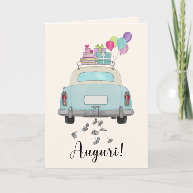 Italian Auguri Wedding Day Blue Retro Car Card (Front)