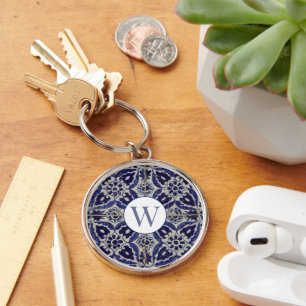Italian Azulejo Blue White Geometric Monogrammed Key Ring